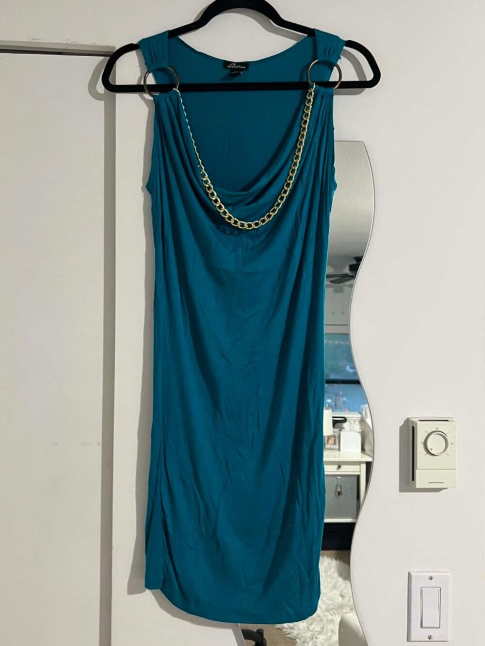 Vintage Y2K teal dress with gold chain detail, small